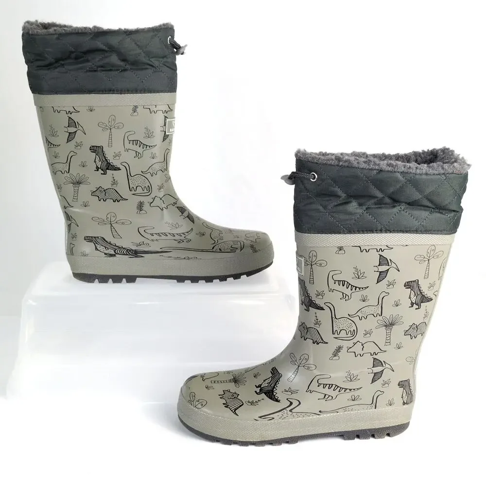 RainAngel Kids Boys 4 Gray Dinosaur Print Rubber Rain Boots, Insulated Lining - Picture 2 of 11